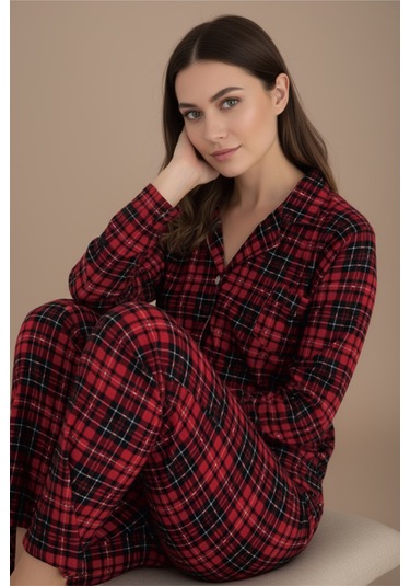 Luxury Soft Kırmızı Ekose Desenli Uzun Kollu Kadın Pijama Takımı 3063 Bordo