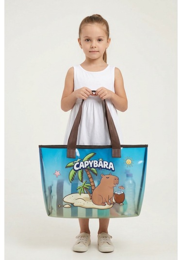 Capybara Figürlü Plaj Çantası Şeffaf Yüzeyli, Geniş Hacimli MAvi