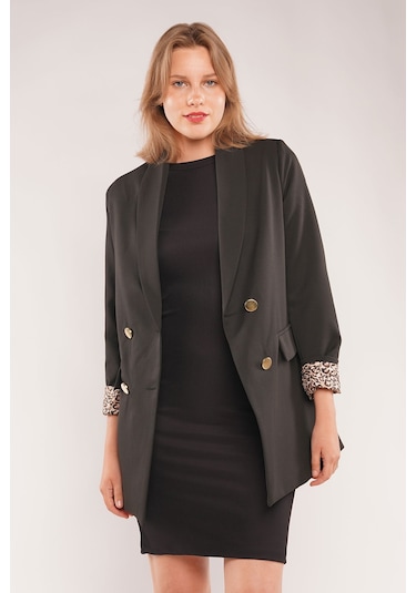 Gabria Kolları Leopar Desenli Kadın Ceket Siyah