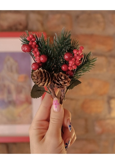 Kokina Yılbaşı Çiçeği, Yapay Çam Kozalaklı Kiraz Demeti, Yeniyıl Dekoratif Ev Süsü, 13 Cm - 12 Adet