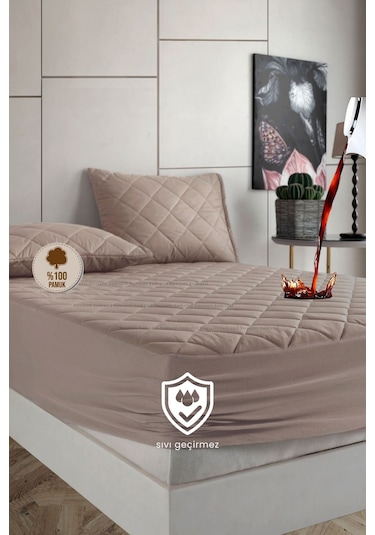 %100 Pamuk Set Renkli Alez Kapitone Sıvı Geçirmez Set - Kahverengi