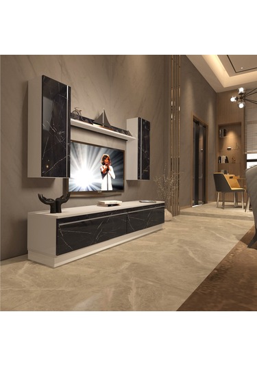 Decoraktiv Eko 5db Mdf Std Tv Ünitesi Tv Sehpası Beyaz - Siyah Mermer
