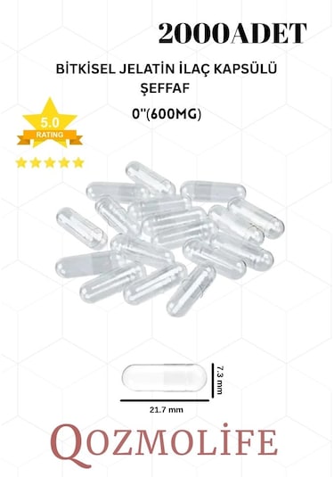 Qozmolife Orta Boy Şeffaf Bitkisel Jelatin Boş Kapsülü Helal Sertifikalı 0"600mg 2000 Adet