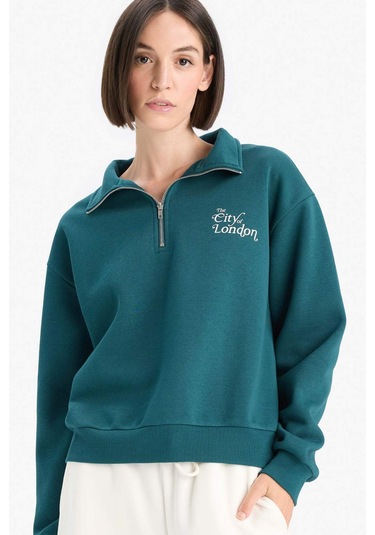 Defacto Regular Fit Yarım Fermuarlı Baskılı Kalın Sweatshirt F1067ax25augn1040 Yeşil