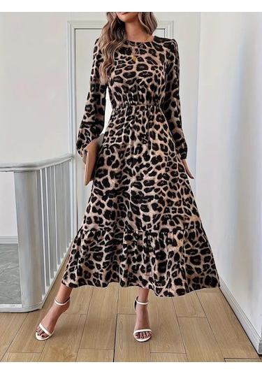 Emh Store Uzun Kollu Bisiklet Yaka Leopar Desenli Midi Süprem Elbise Leopar