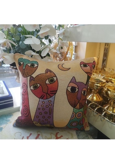Goblen Kedi Desenli Kırlent Kılıfı