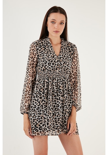 Lela V Yaka Regular Fit Gipeli Düğme Detaylı Şifon Mini Bayan Elbise 611El01433 Leopar Lela V Yaka Regular Fit Gipeli Düğme Detaylı Şifon Mini Bayan Elbise 611El01433 Leopar