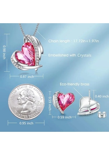 Trend Renkli Taşlı, Zirkon Taş İşlemeli Kalp Takı Seti Kolye Küpe , Yeni Yıl, Fuşya
