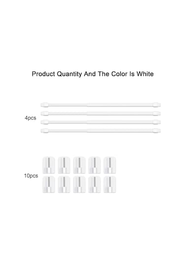 Qingmipy Plastik Genişletilebilir Perde Çubuğu 40-70 Cm - 4 Adet Çubuk + 10 Adet Yapışkan Kanca Seti - Ev, Parti Dekorasyonu İçin Kolay Kurulum Beyaz