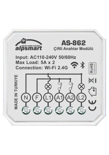 Alpsmart As-862 Akıllı Wi-fi Çiftli Duvar Anahtarı Modülü Tuya