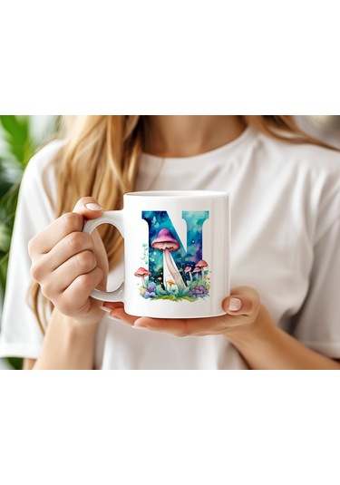 N Baş Harfi Fantastik Mantarlı Kupa Bardak - Kişiye Özel Masalsı Bardak - Hediye Beyaz