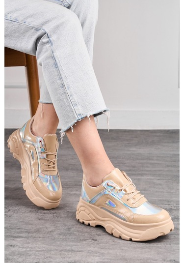 Günlük Kadın Spor Ayakkabı Yüksek Kalın Taban 6 Cm Suni Deri Sneaker 001 Nude Holo