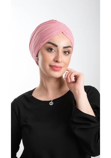 Pembe Pratik Hazır Geçmeli Tesettür Bone Fukuro Simli Büzgülü 211 Pembe