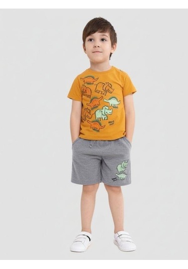 Erkek Bebek Hayvan Baskılı Şortlu Takım-15836 Turuncu