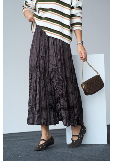 Saten Uzun Etek - Kahve Kahve