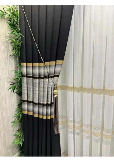 Nivemeshome Melanezya Siyah- Gold Şeritli 1/3 Sık Pileli Fon Perde Apm Siyah- Gold
