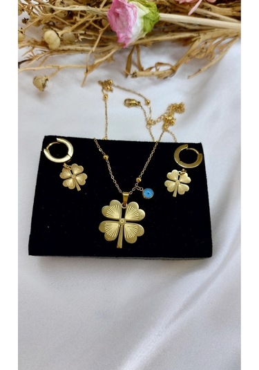 1. Kalite Çelik Yonca Figürlü Nazar Boncuklu Kolye Küpe Seti