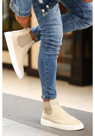 Shoetyle - Bej Hakiki Deri Süet Erkek Chelsea Bot 250-041 -1165 Bej