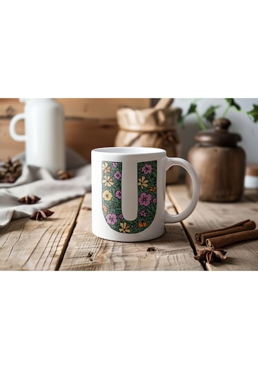 U Baş Harf Çiçek Desenleri İle Natural Tarz Kupa Bardak - Kişiye Özel Çiçekli Kahve Çay Bardak - Beyaz