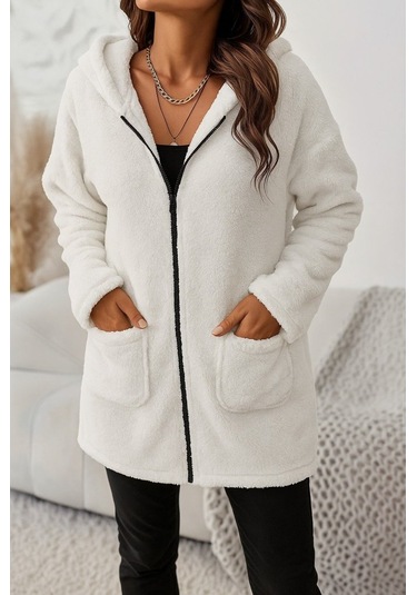 Kadın Uzun Kollu Kapşonlu Önden Fermuarlı Cepli Welsoft Ceket Bej