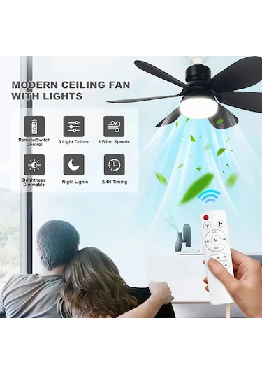 Xuweiwei 20.5 İnç Siyah Akıllı Led Tavan Fanı Işığı 52.07 41.91 Cm Uzaktan Kumandalı 3 Renk Sıcaklık Sessiz Çalışma Modern Tasarım E26 E27 Soket