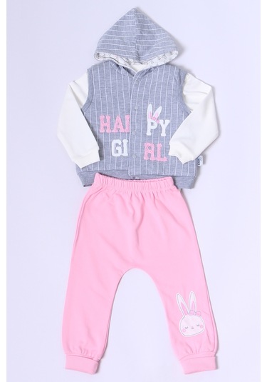 Kız Bebek Yelekli Takım Kapşonlu Çıtçıtlı Tavşan Baskılı A15 Pembe
