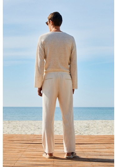 EDVIN Erkek Beli Lastikli Yanları Cepli Keten Karışımlı Relaxed Fit Ekru Pantolon