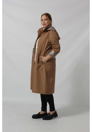 Uzun Astar Detaylı Bondit Trençkot Kahve Rengi Kahverengi