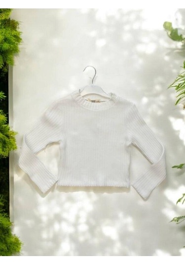 Kız Çocuk Kışlık Yuvarlak Yaka Fittili Basıc Kazak-14427 Beyaz