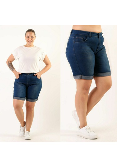 Kadın Büyük Beden Duble Paça Kot Şort Açık Mavi