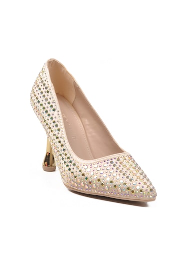 Altın Taş İşlemeli İnce Topuklu Kadın Abiye Ayakkabı Pc-55020 Z Altın