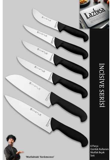 İncisive Serisi Mutfak Bıçak Seti Et Sebze Şef Bıçağı 6lı Mft-258 Siyah