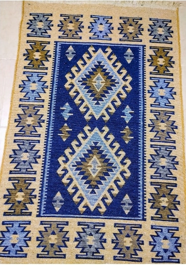 Makine Dokuma Uşak Kilimi, Püsküllü, Çift Taraflı Mavi