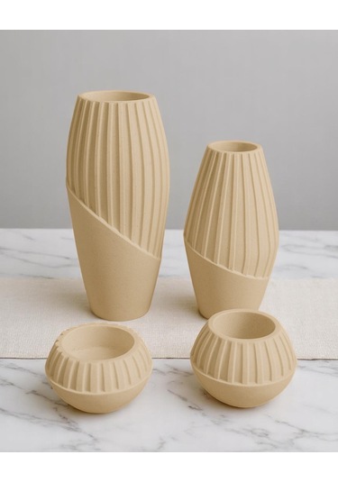 4 Lü Çizgili Dekoratif Vazo Seti El Yapımı Özgün Tasarım Beyaz