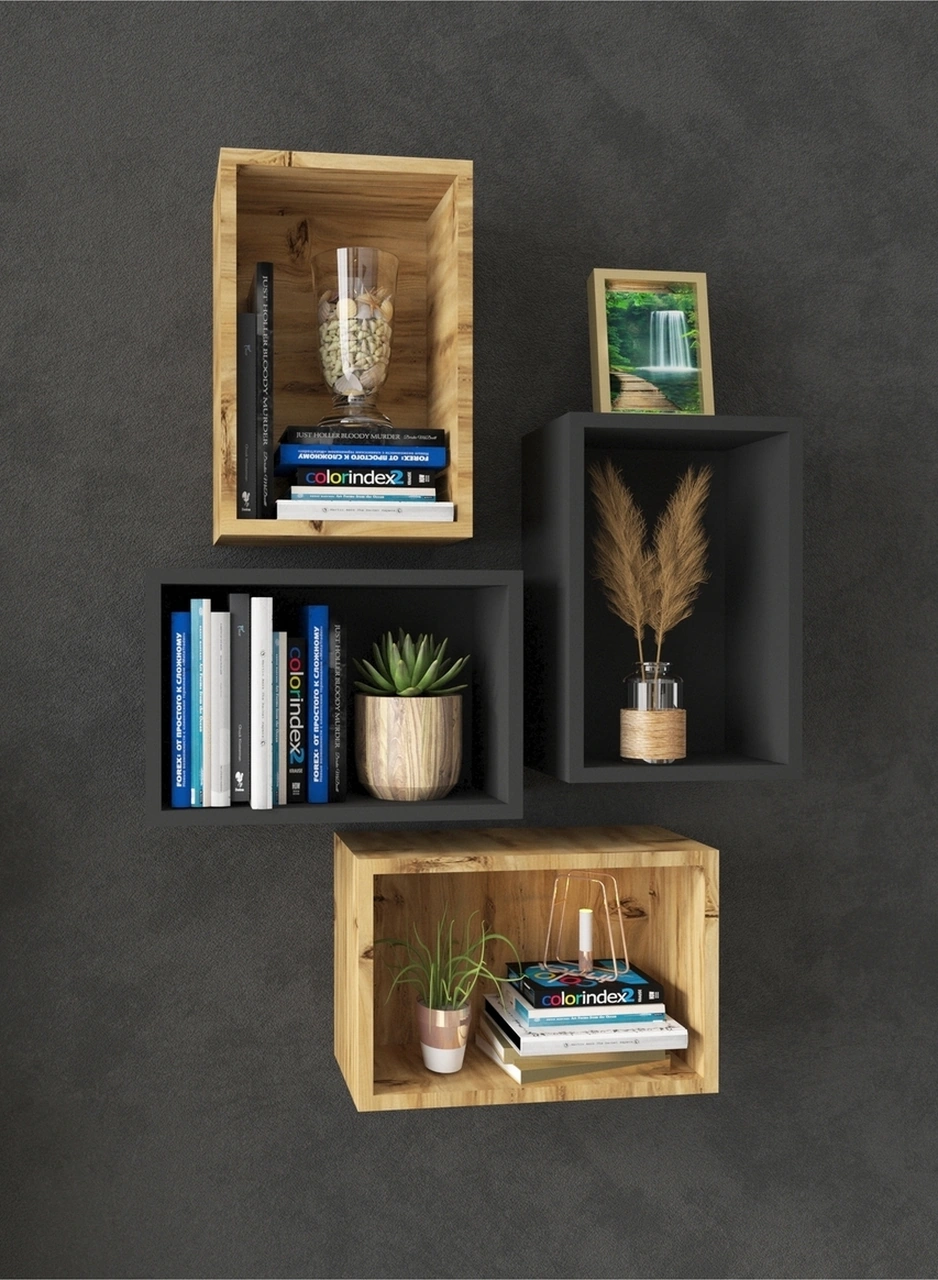 Kitaplık Dikdörtgen Duvar Rafı Arkalıklı Mobilya Takım Antrasit Atlantik Çam Atlantik Çam Antrasit