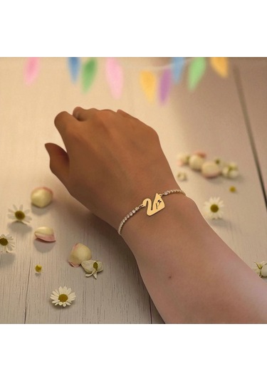 Archin P Harfine Özel Kuğu Kuşu Motifli 14 Ayar Altın Plakalı Beyaz Taş Detaylı Hediye Bileklik-601harf P