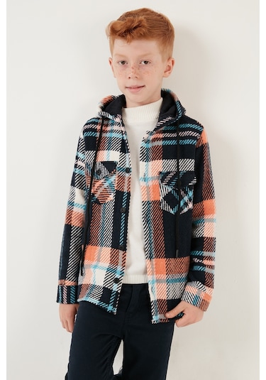 Lela Kapüşonlu Çift Cepli Ekoseli Kışlık Oduncu Erkek Çocuk Gömlek Cf24W81781 Lacivert-Turuncu