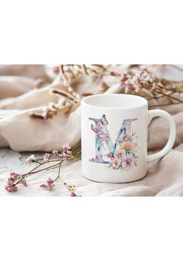 M Harfi Çiçekli Kupa Bardak - Soft Renk Çiçek Ve Kelebek Desenli Zarif Kahve Kupası - Bohem Beyaz