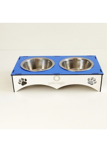 Petmagic Ahşap 2'li Mama Kabı İkili Ahşap Çelik Mama Kabı - Mavi