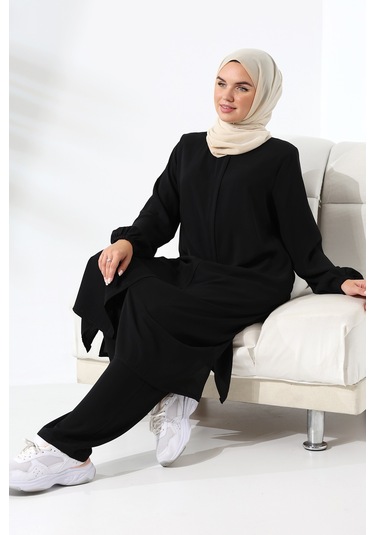 Kadın Medine İpeği Hac Umre Kıyafeti Tesettür İkili Takım - Siyah Siyah