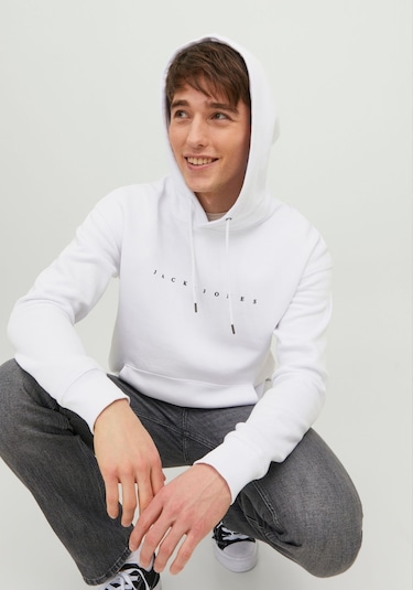 Jack & Jones Kabartma Baskılı Kapüşonlu Sweatshirt - Star 12233972 White Koyu Siyah