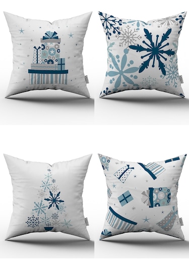 Beyaz Mavi Yılbaşı Temalı 4'lü Kırlent Kılıfı Seti 4kmbs147 Mavi