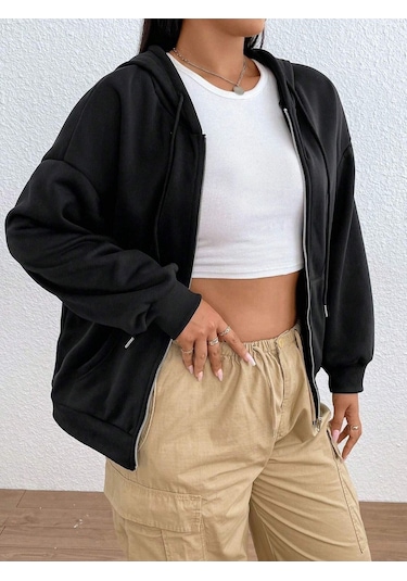Basic Düz Hırka - Siyah Oversize Kapüşonlu Siyah