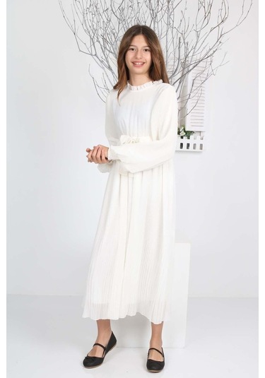 Kız Çocuk Uzun Boydan Pliseli Şifon Elbise Beyaz