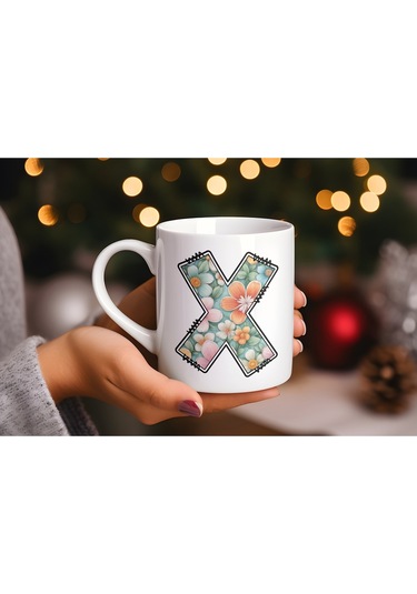 X Harfli Pastel Çiçek Desenli Kahve Kupası - Kişiye Özel Çiçekler Koleksiyonu Bardak - Hediye Beyaz