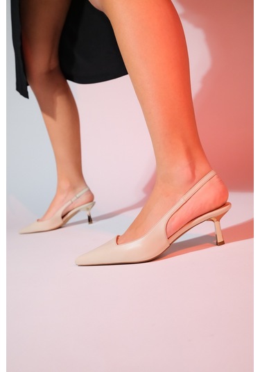 Luvishoes Marten Ekru Cilt Kadın Sivri Burun Arkası Açık İnce Topuklu Ayakkabı Ekru