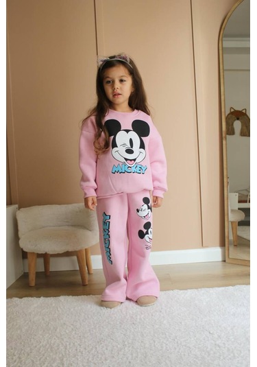 Kız Çocuk Pudra Pembe Renk Pamuklu 3 İplik Şardonlu Mickey Baskılı Alt Üst Takım Pembe