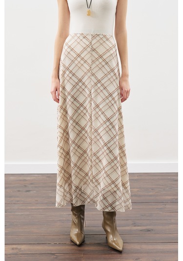 Desenli Tül Etek Bej Ekose Bej Ekose
