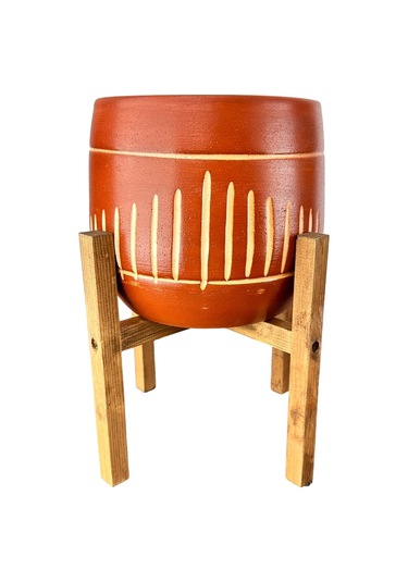 Bitki Tasarımı Ev Dekorasyon Aksesuar Dik Çizgi Desenli Toprak Saksı Saksılık Salon Çiçeklik 4 Ayaklı - 19 CM