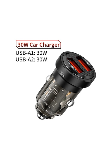 Toockitoocki 30w Şeffaf Çift Usb Araç Şarj Cihazı İphone 14/13/12 Pro Max Samsung S23/s24 Xiaomi 12/13 Poco X7 Il